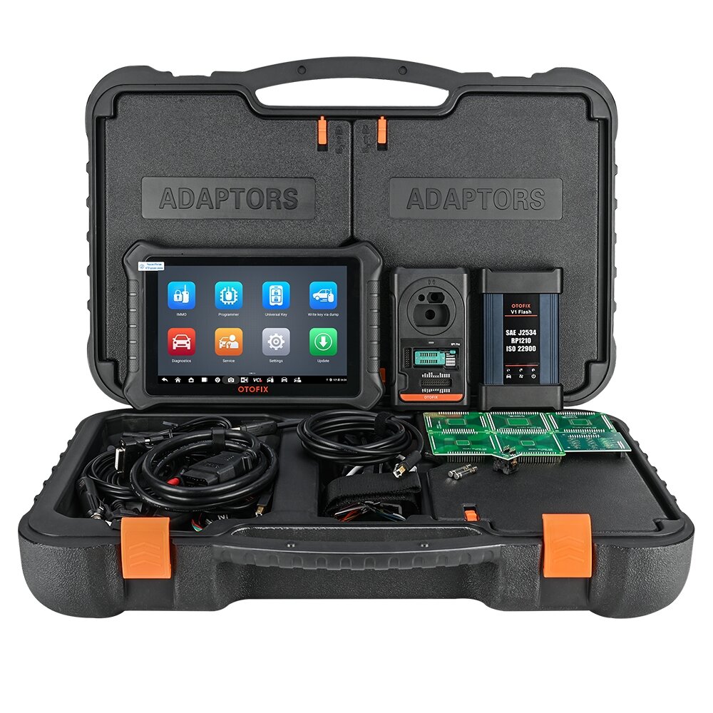 OTOFIX IM2 kit in open case with tablet, XP1 Pro programmer, V1 Flash and cables
