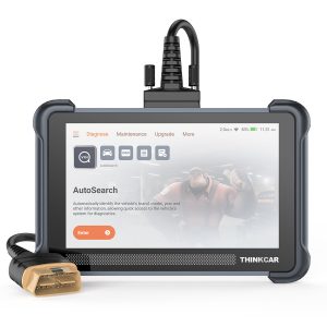 THINKCAR THINKSCAN 672 diagnostic tablet with attached OBD2 cable, front view on white background