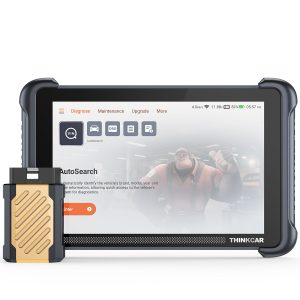 THINKCAR THINKSCAN 689BT diagnostic tablet and wireless connector, front view on white