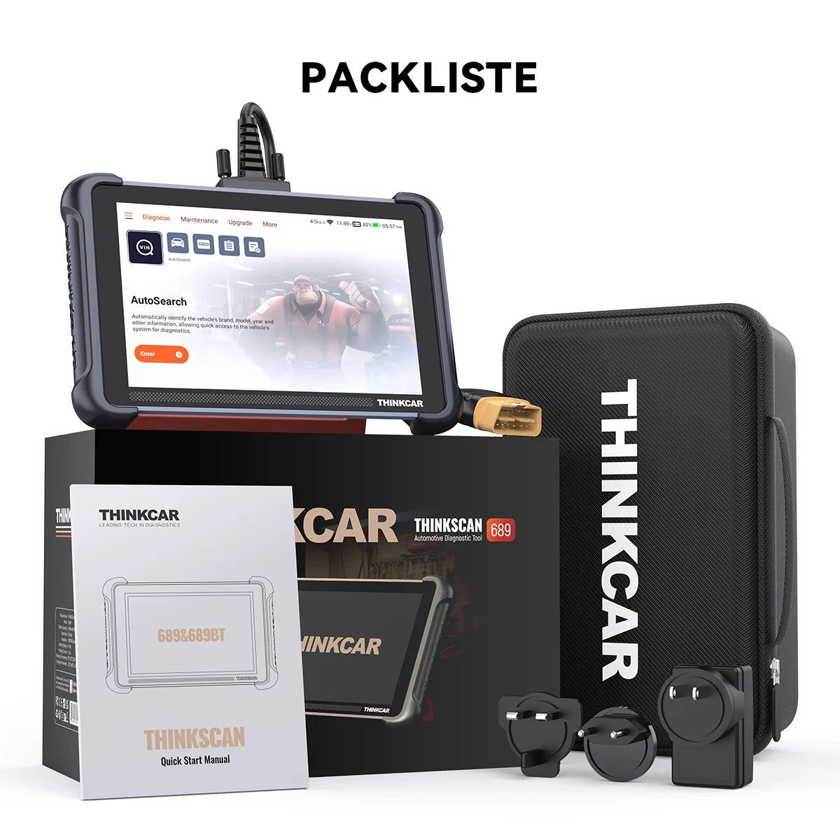THINKCAR THINKSCAN 689 package contents with tablet, carrying case, power adapter and quick start manual