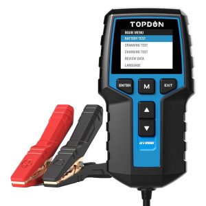 TOPDON BT200 battery tester front with red and black clamps