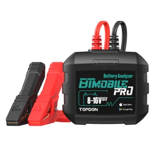 TOPDON BTMobile ProS battery analyzer with red and black clamps