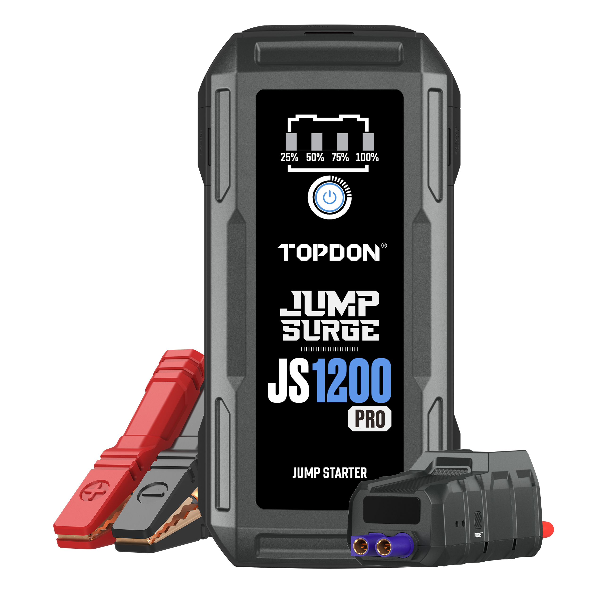 TOPDON JumpSurge1200Pro jump starter with red and black clamps