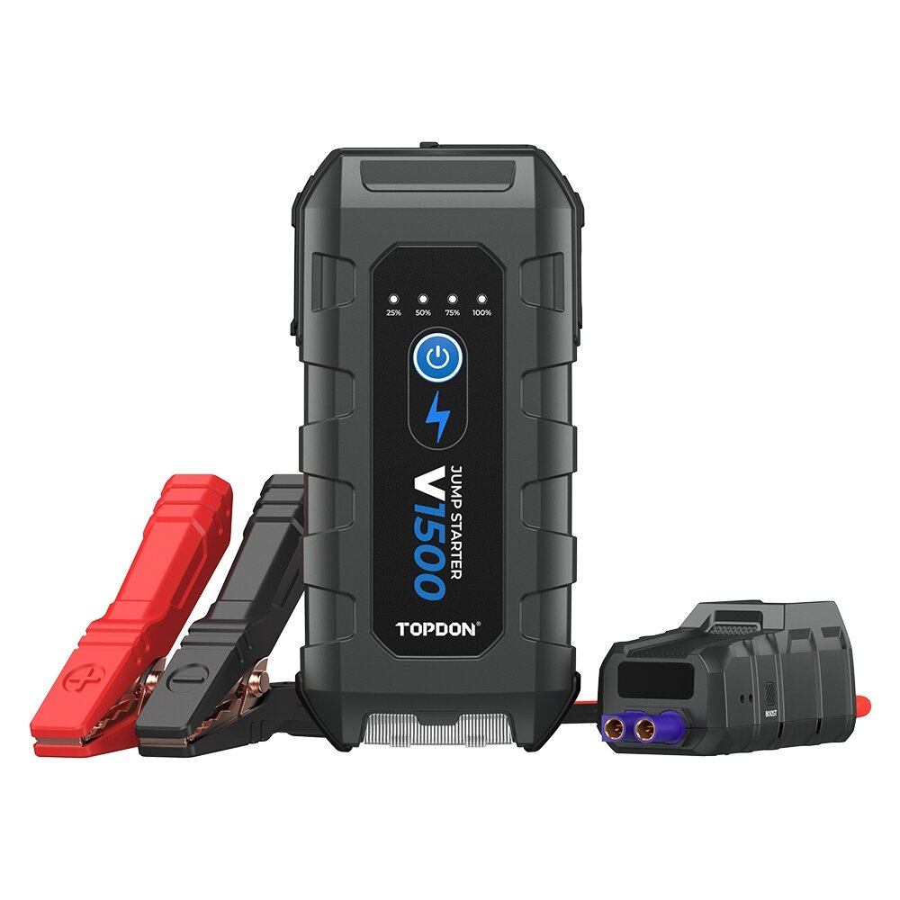 TOPDON V1500 jump starter with battery clamps and connector
