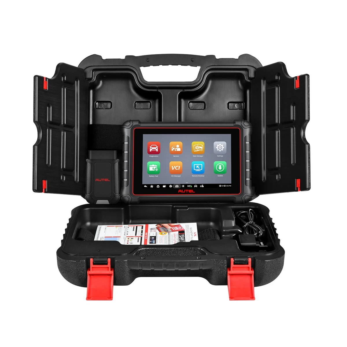 Autel MaxiCOM MK900-BT tablet and MaxiVCI V150 in open carrying case with accessories