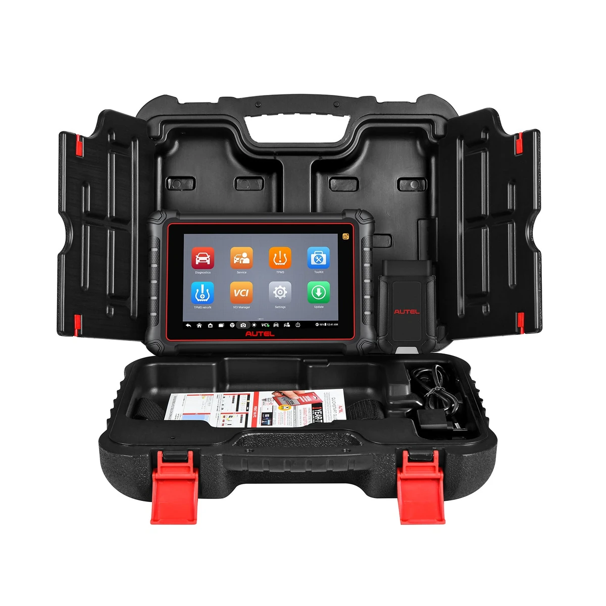 Autel MaxiCOM MK900-TS tablet and MaxiVCI V150 in open carrying case with accessories