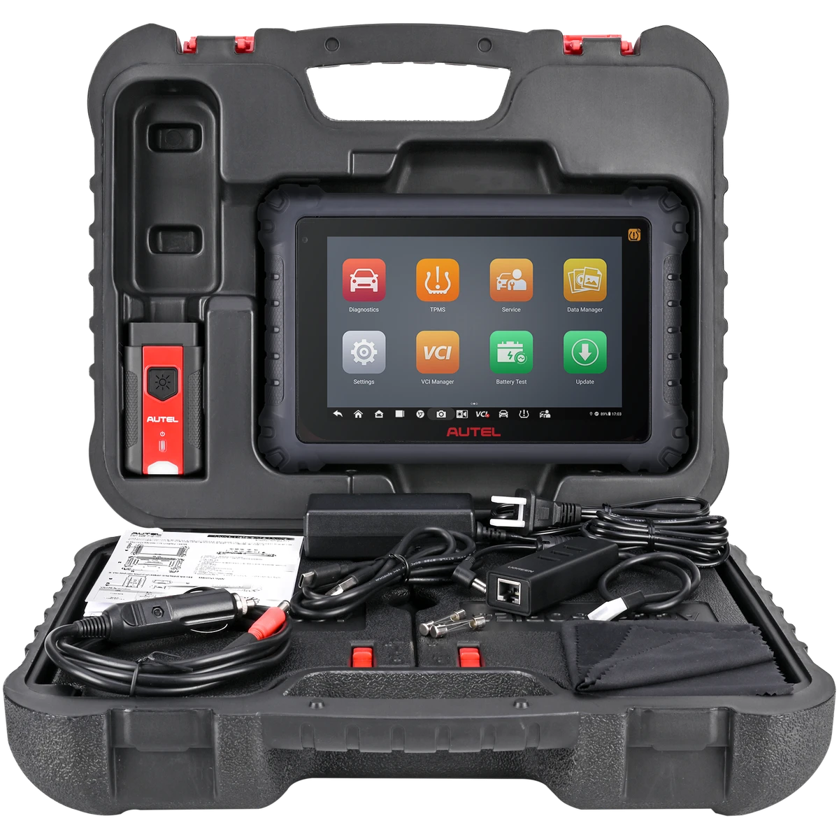 Autel MaxiCOM MK906 Pro-TS tablet, MaxiVCI V200 and accessories in carrying case