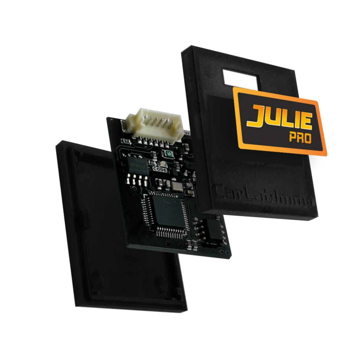 CARLABIMMO Julie PRO V123 OE emulator with open housing and circuit board on white background