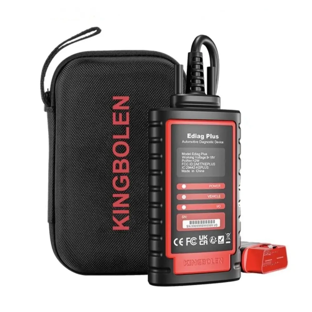 KINGBOLEN Ediag Plus OBD2 adapter, connector and branded storage case on white background