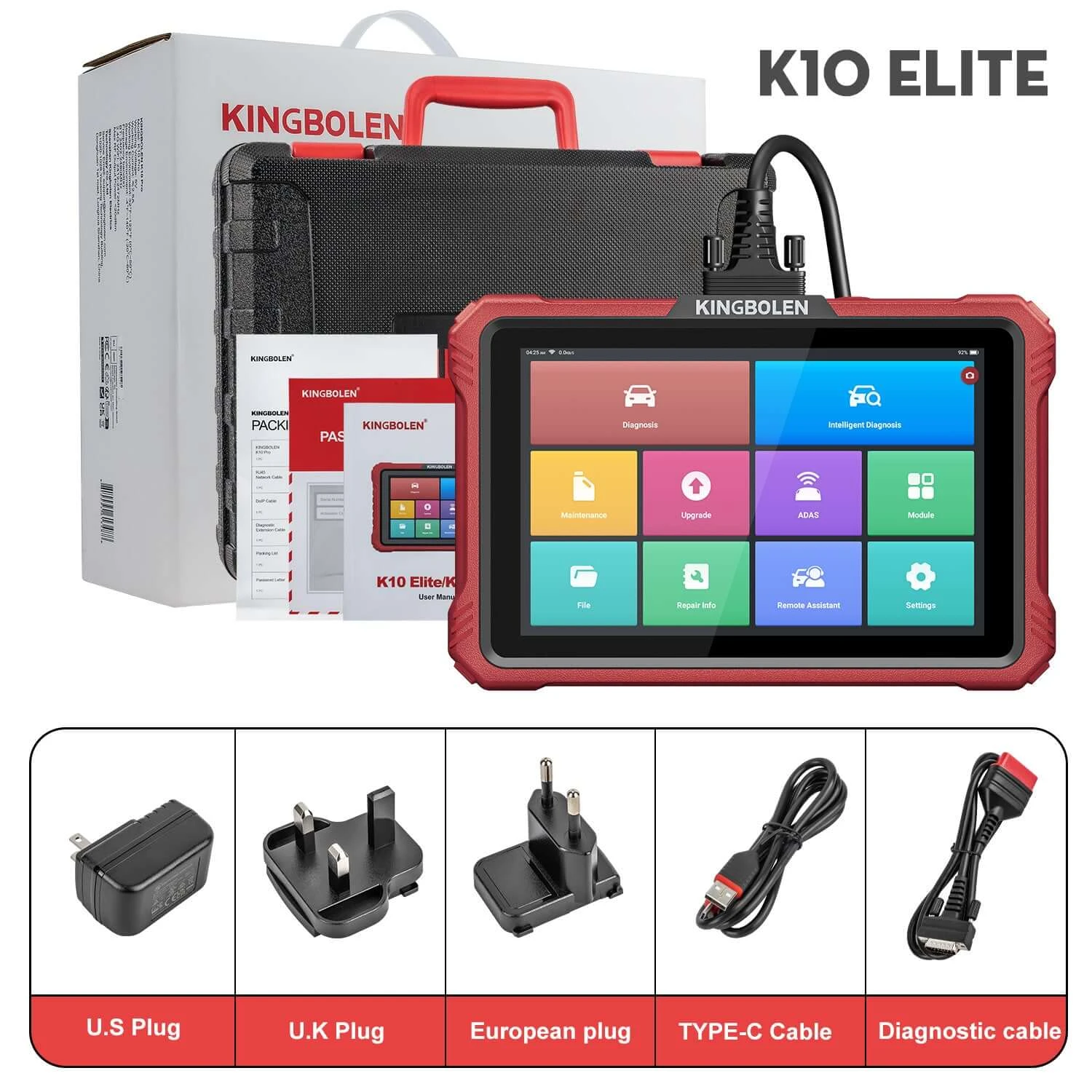 KINGBOLEN K10 Elite wired tablet, diagnostic cable, charger, USB-C cable and carrying case