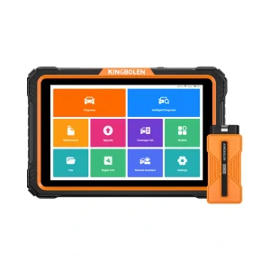 KINGBOLEN K10 Ultra diagnostic tablet and GVCI connector, front view on white background