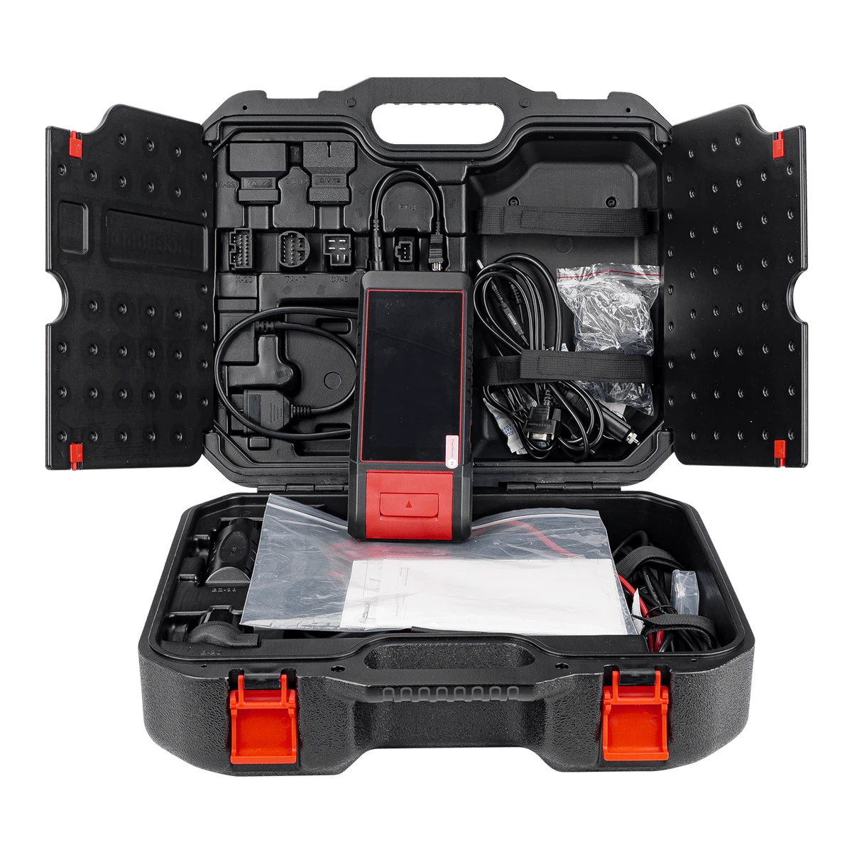 KINGBOLEN K6 Pro scanner in open carrying case with diagnostic cables and accessories