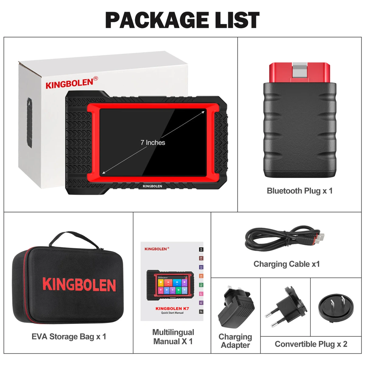 KINGBOLEN K7 kit with tablet, Bluetooth connector, storage bag, manual, charging cable, adapter and plugs