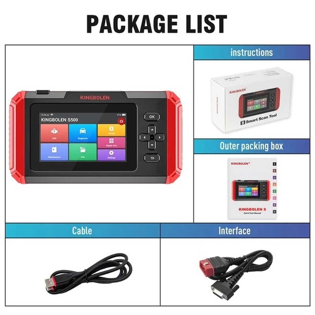 KINGBOLEN S500 package contents: scanner, box, manual, diagnostic cable and charging cable