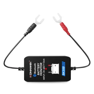 KONNWEI BK300 Bluetooth battery monitor with attached battery leads on white background