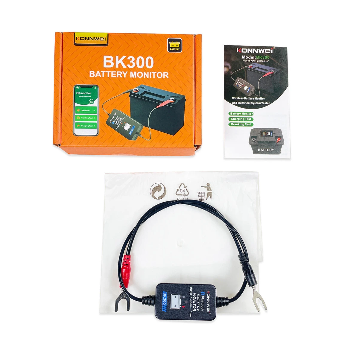 KONNWEI BK300 kit with battery monitor, attached leads, user manual and retail box