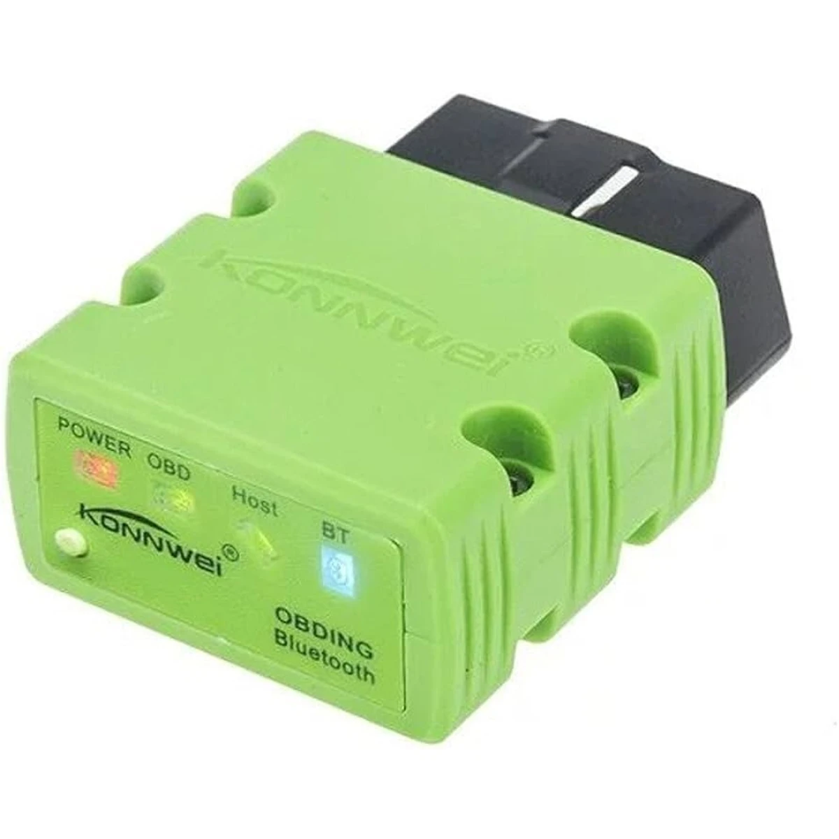 Green KONNWEI KW902 Bluetooth OBD2 adapter front view on white background