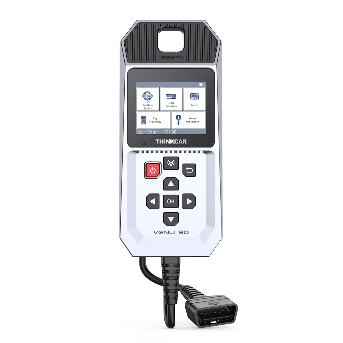 Front view of the THINKCAR VENU 90 TPMS tool with OBD2 cable