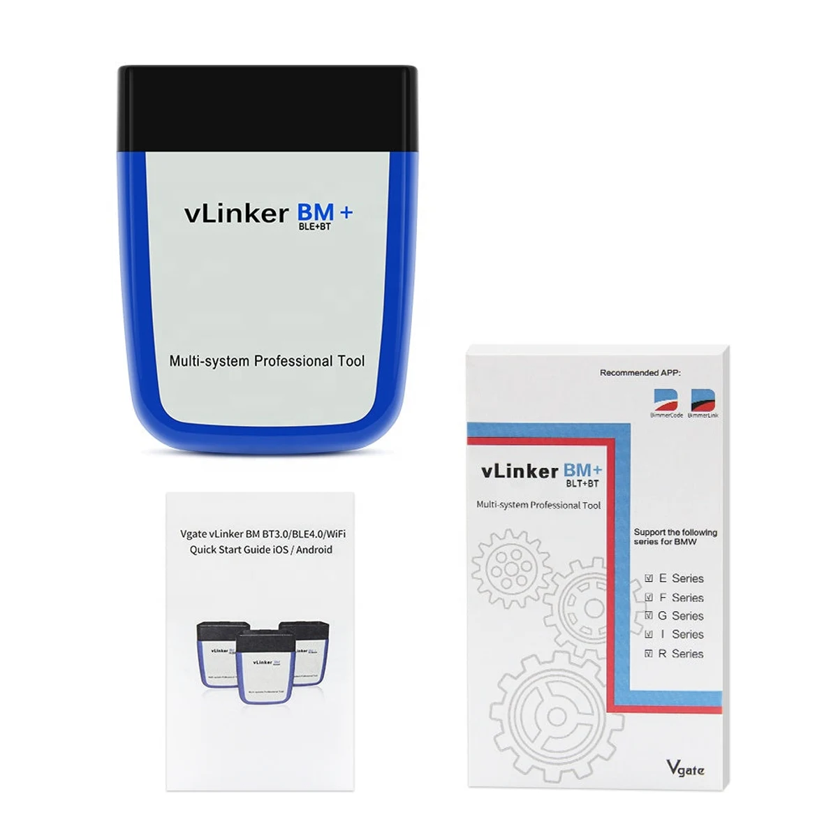 Vgate vLinker BM+ adapter, retail box and quick-start guide
