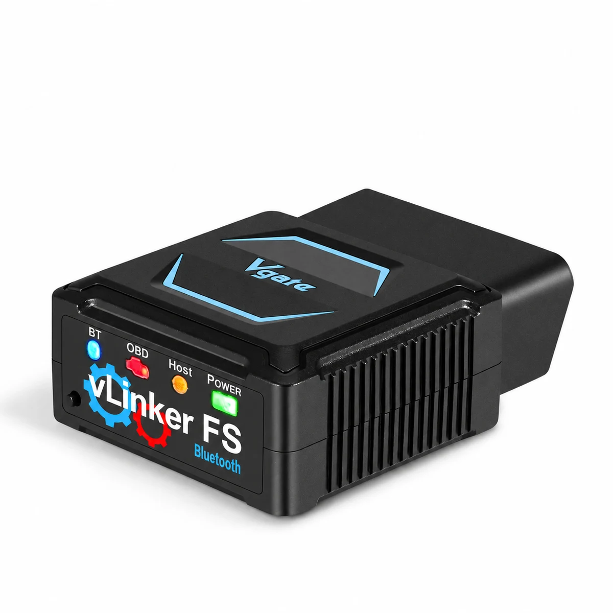 Vgate vLinker FS Bluetooth OBD2 adapter, front and side view