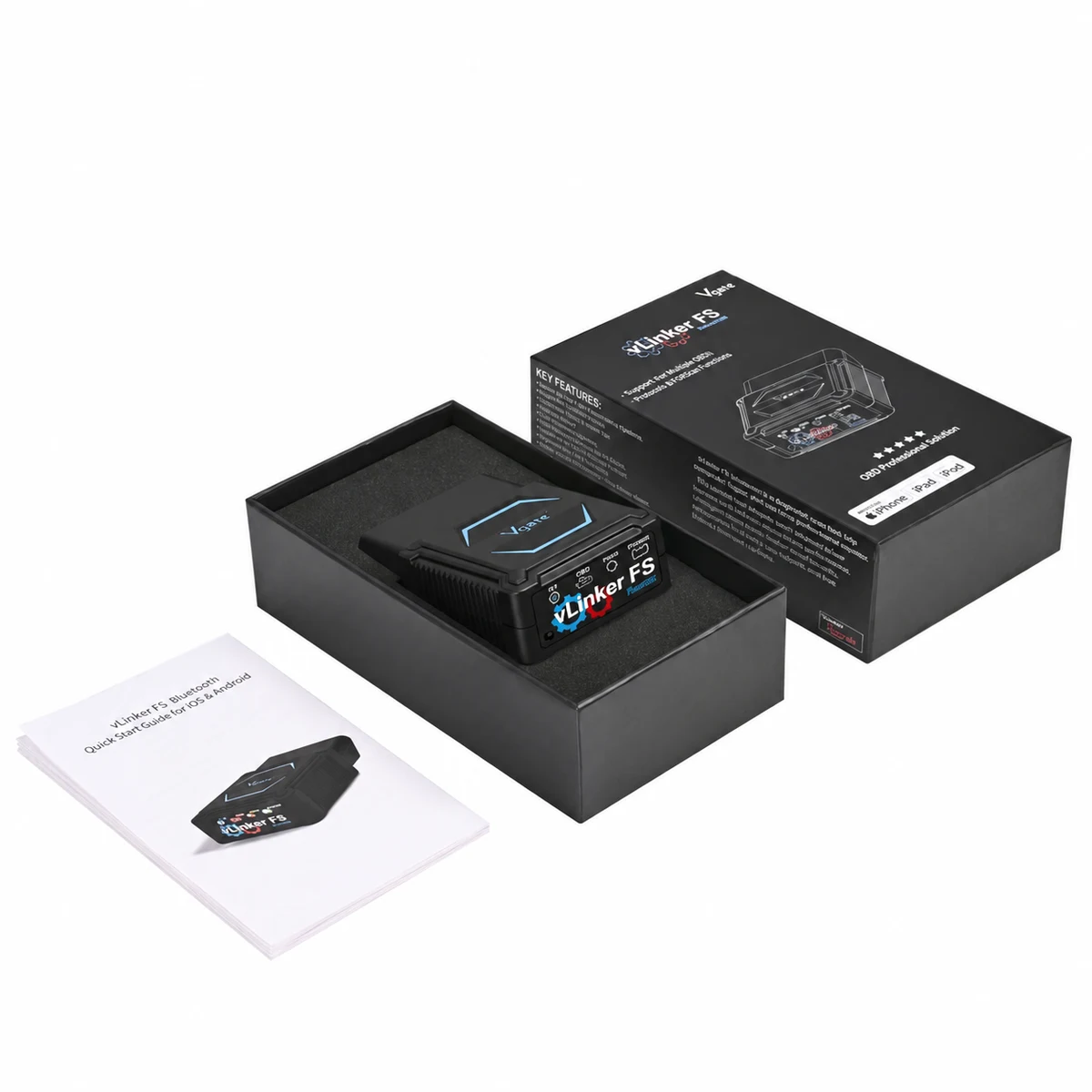 Vgate vLinker FS Bluetooth adapter in retail box with quick start guide