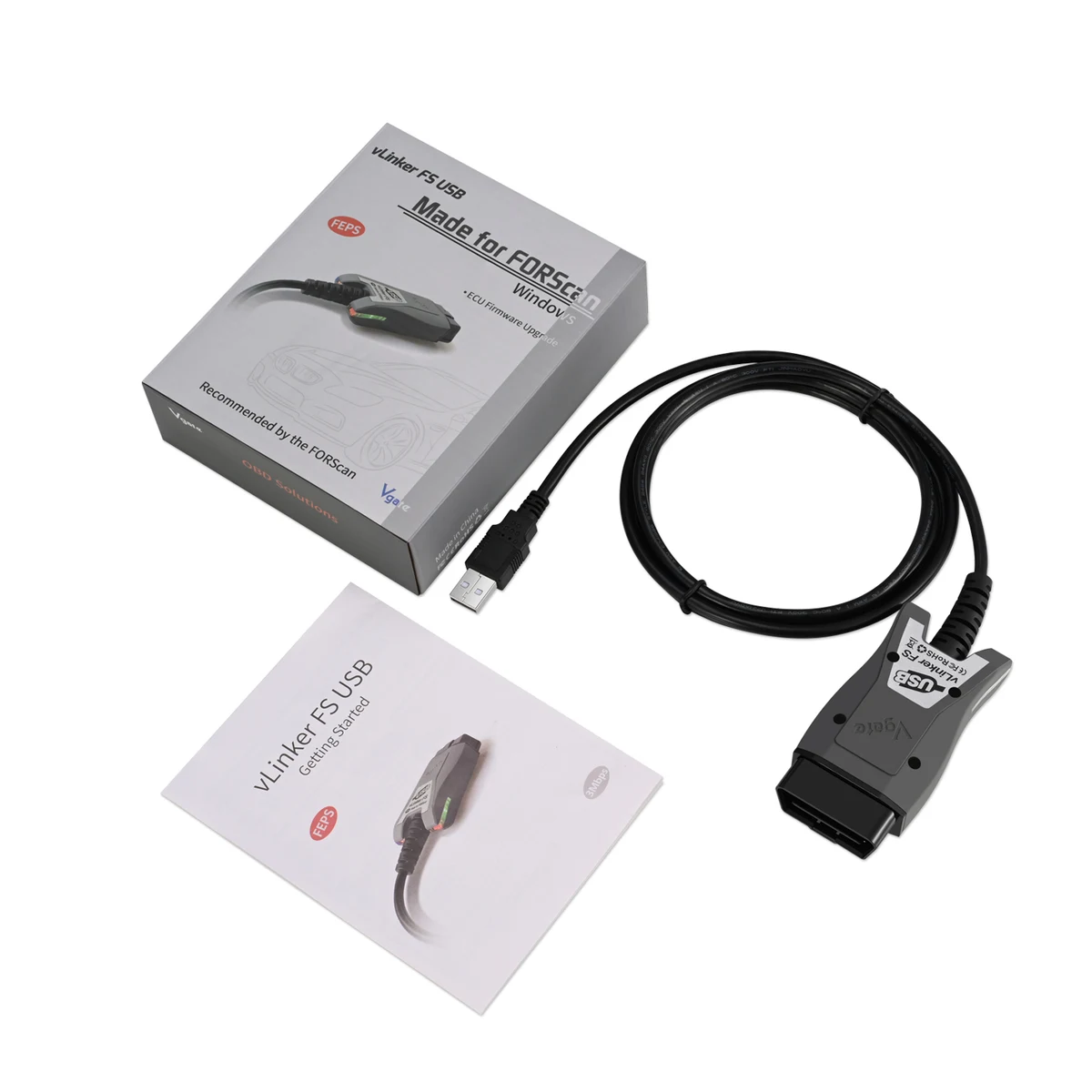 Vgate vLinker FS USB adapter, retail box and getting started guide