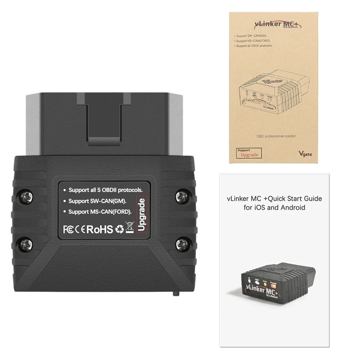Vgate vLinker MC+ adapter, retail box and quick-start guide