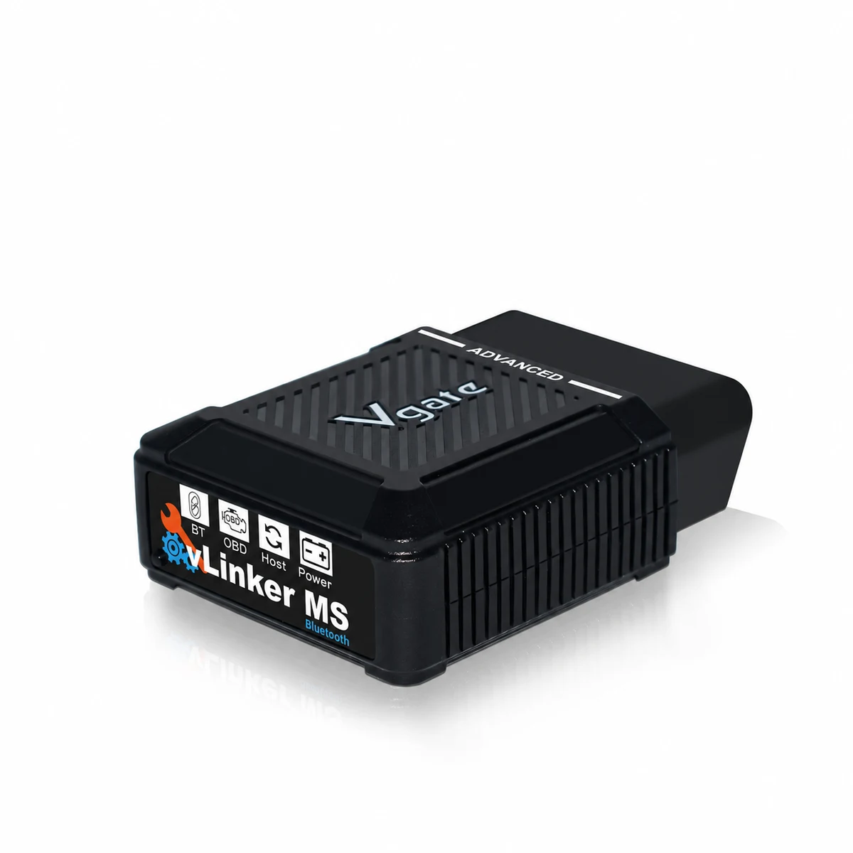 Vgate vLinker MS Bluetooth OBD2 adapter, front and side view